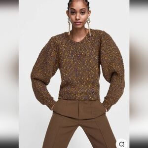 Zara women' Knit Women's Chunky Sweater Long Sleeve V-Neck Brown Speckled Size S